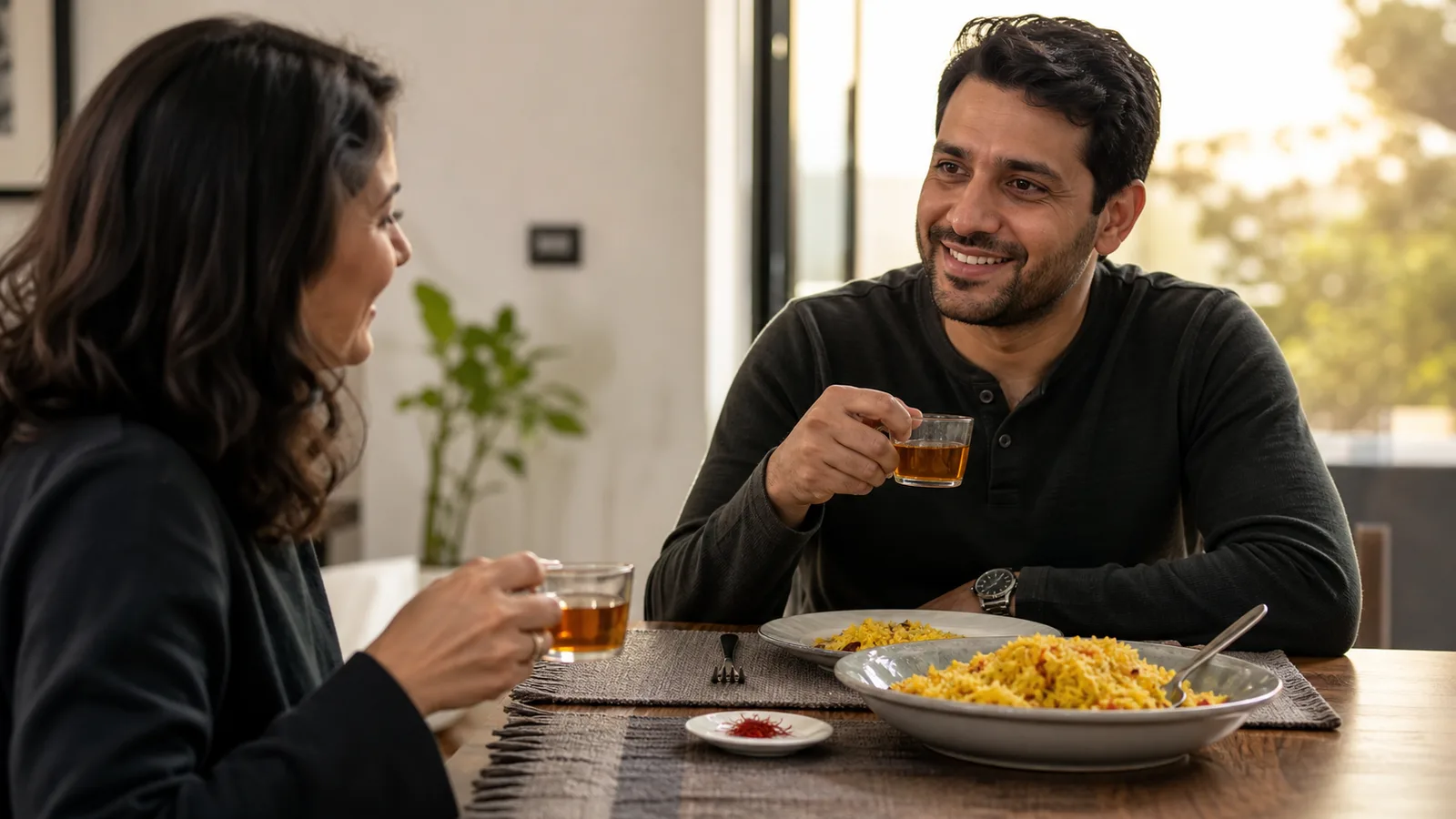 Two adults enjoying saffron rice and tea together