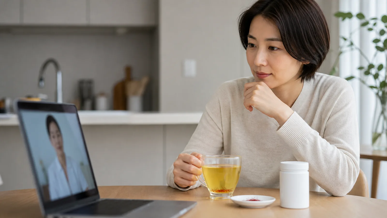 Adult discussing saffron tea safety with a healthcare professional online