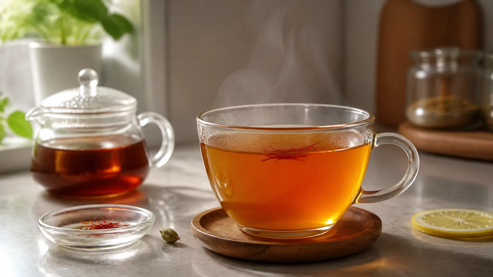 Saffron threads steeping in a glass cup of hot tea