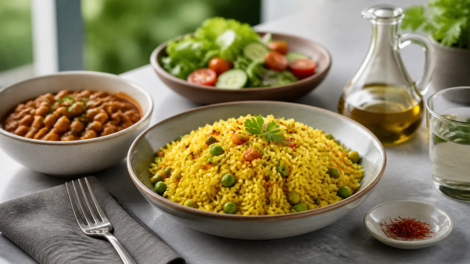 Saffron rice with vegetables, chickpeas and salad