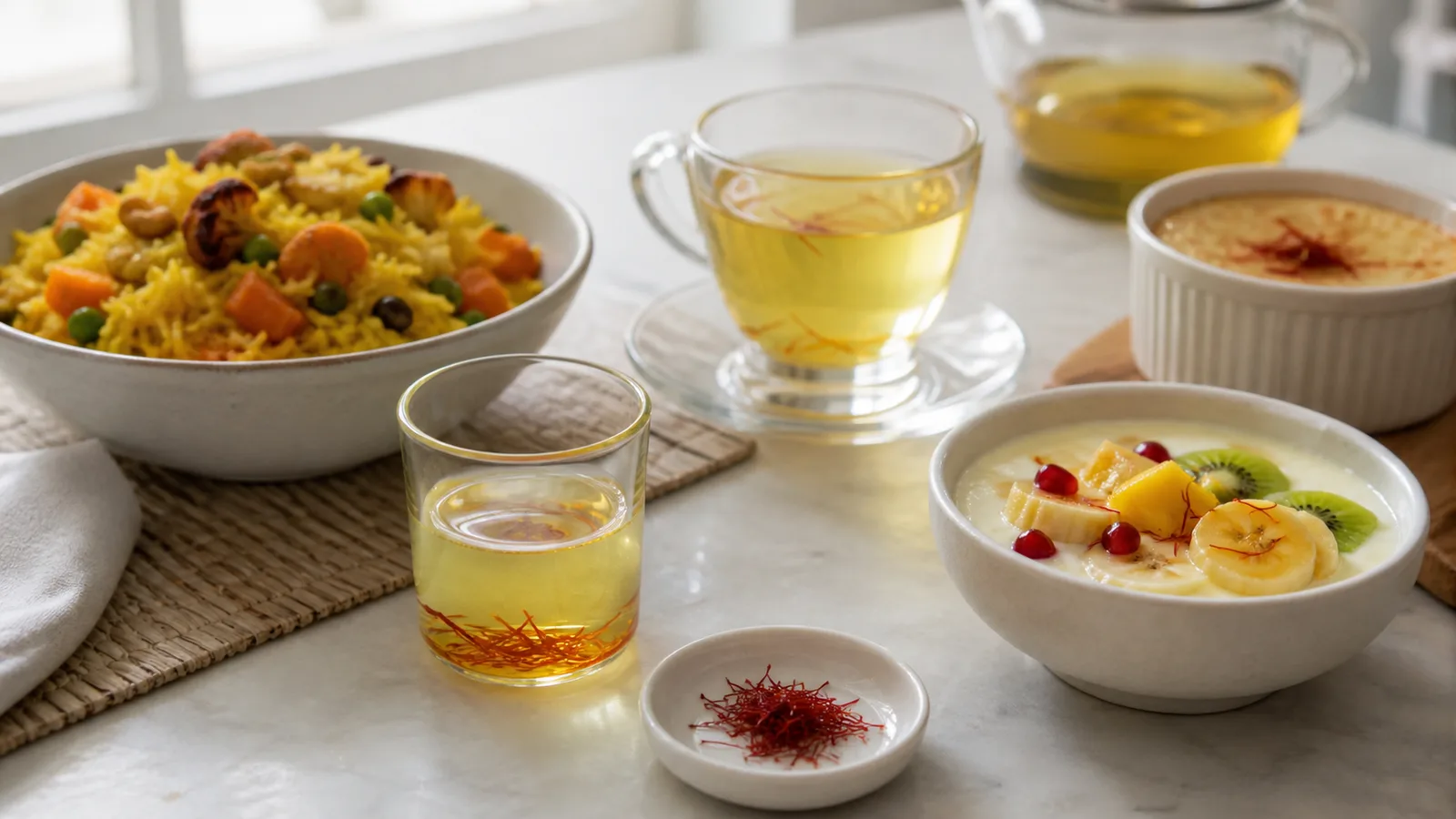 Saffron rice, tea, yogurt and bloomed saffron on a kitchen table