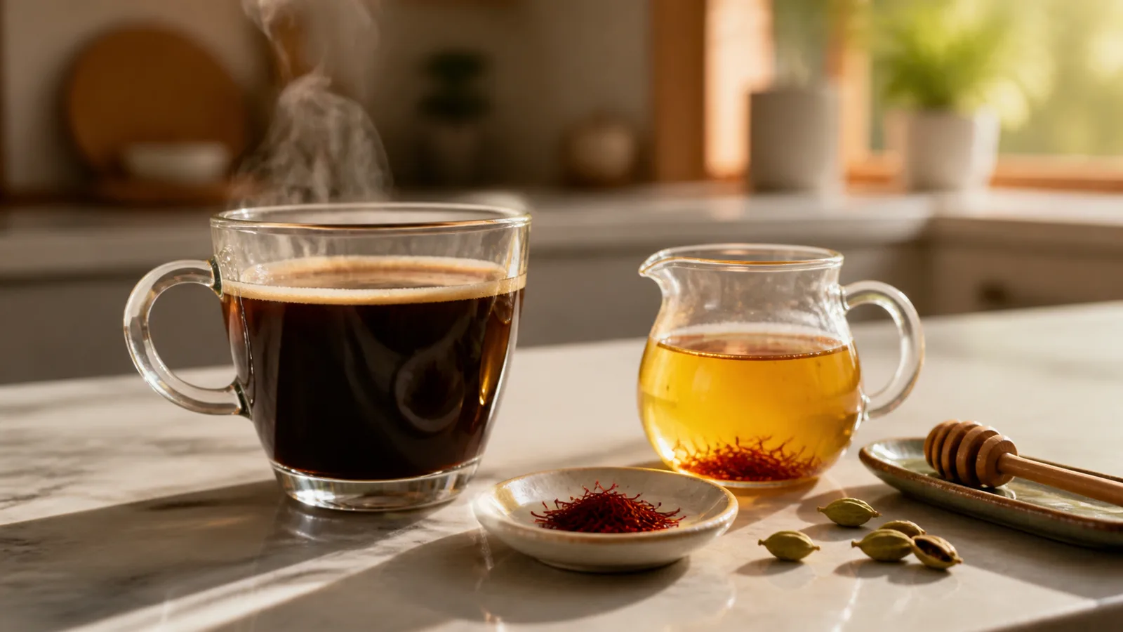 Coffee with a golden saffron infusion and saffron threads