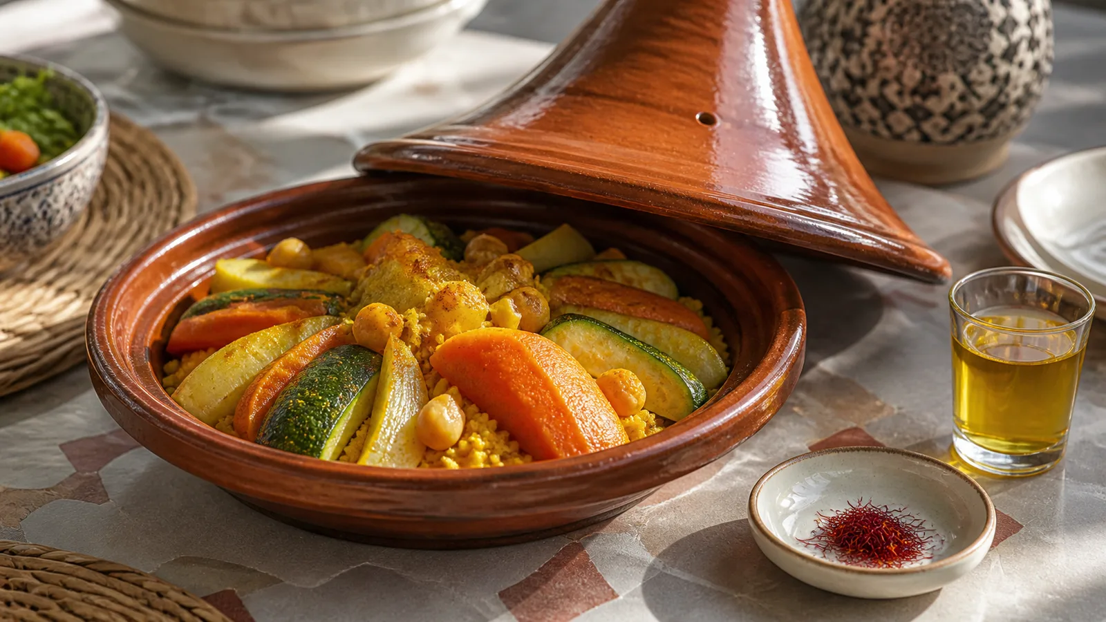Moroccan-style tagine with saffron infusion and red saffron threads