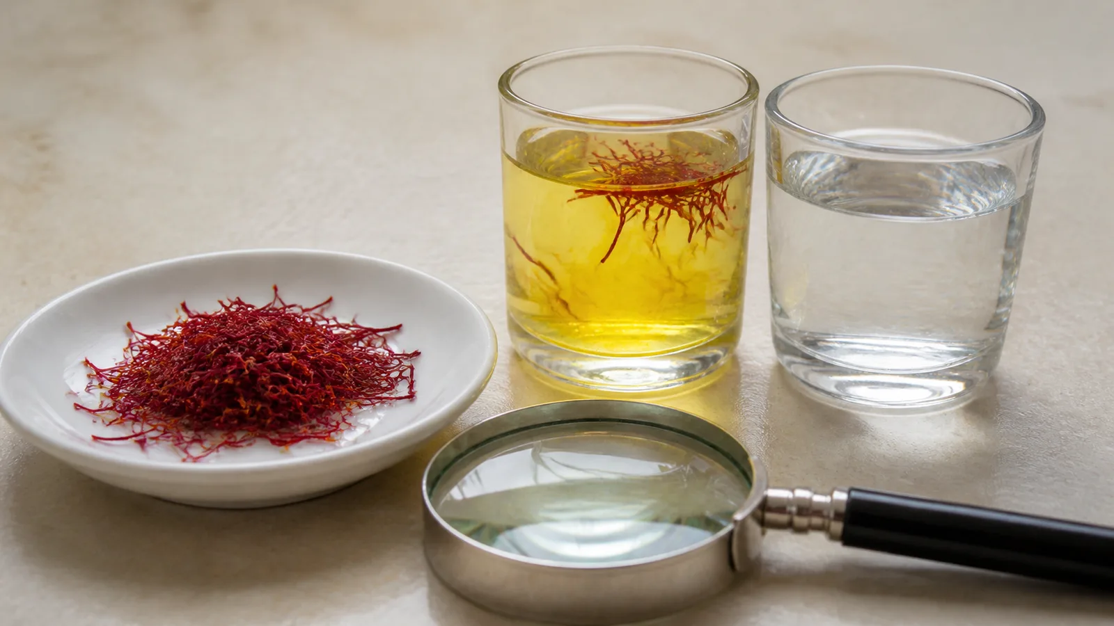 Red saffron threads and golden saffron infusion in a warm-water authenticity check