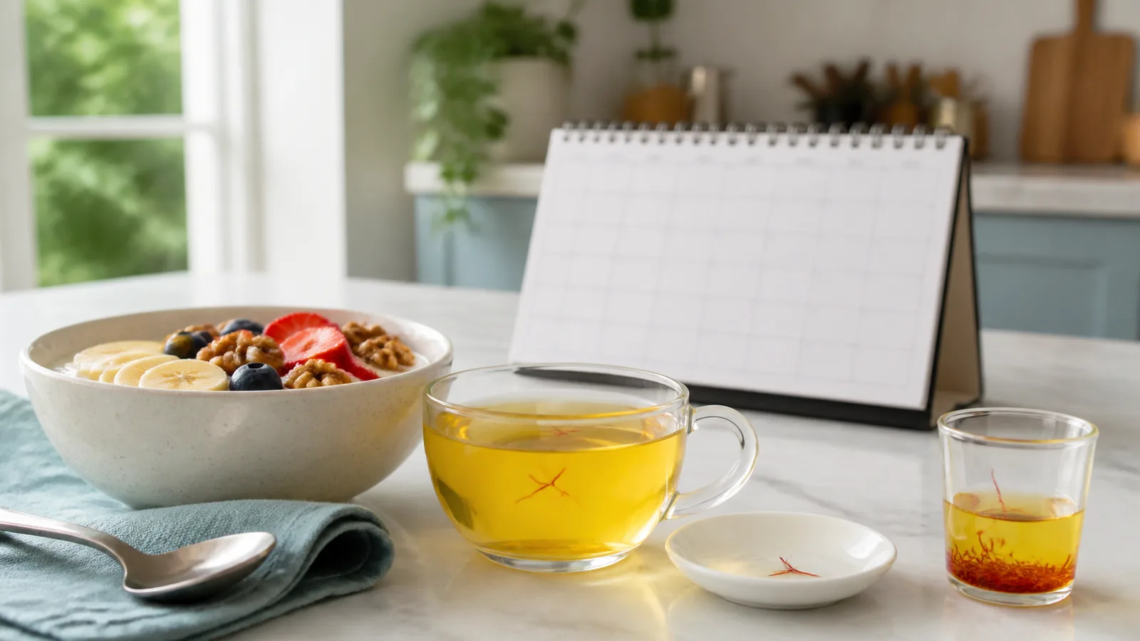 Breakfast with saffron tea, bloomed saffron and a few red threads