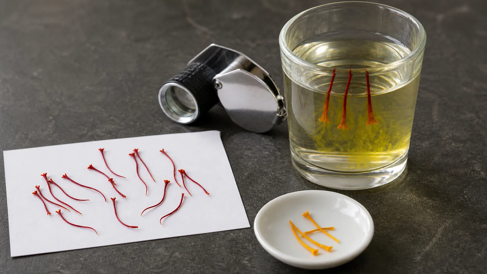 Red saffron threads, orange style pieces and a golden water test