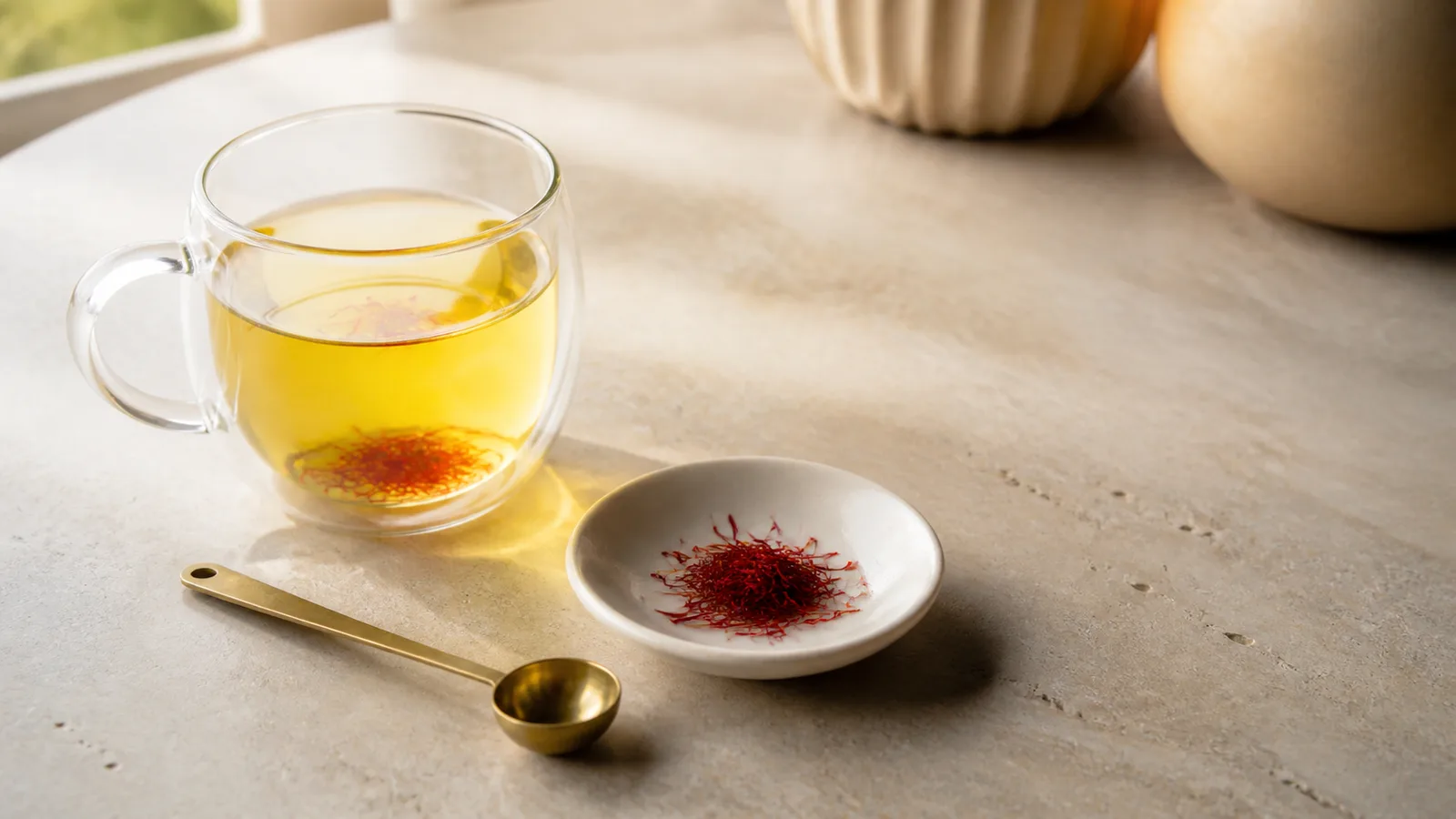 Saffron threads beside a cup of saffron tea for dosage guidance