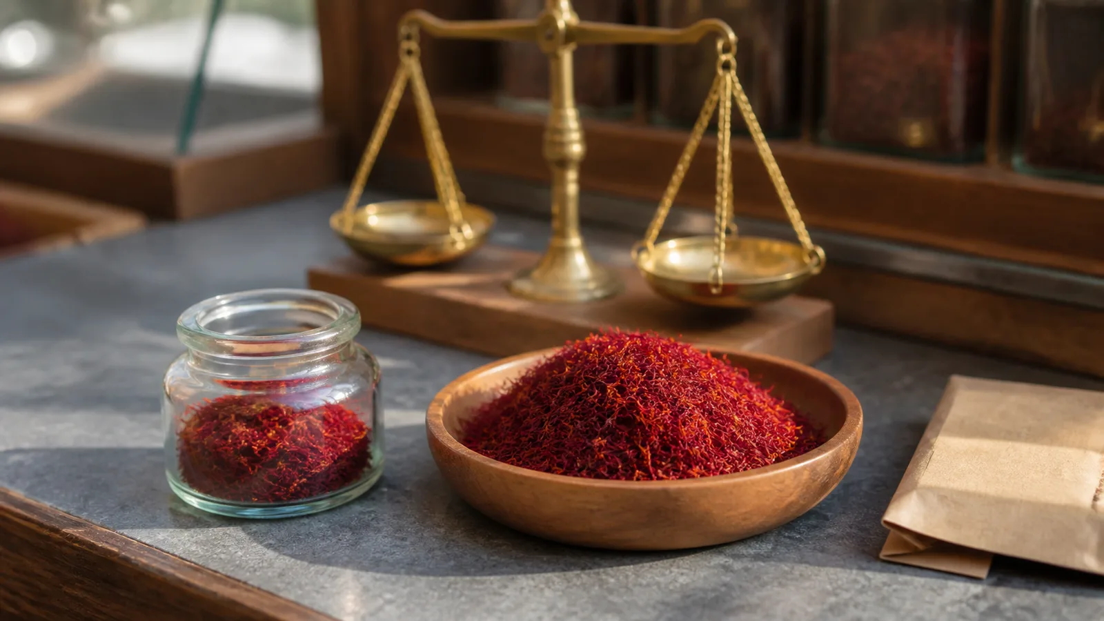 Kashmiri saffron threads beside a balance scale