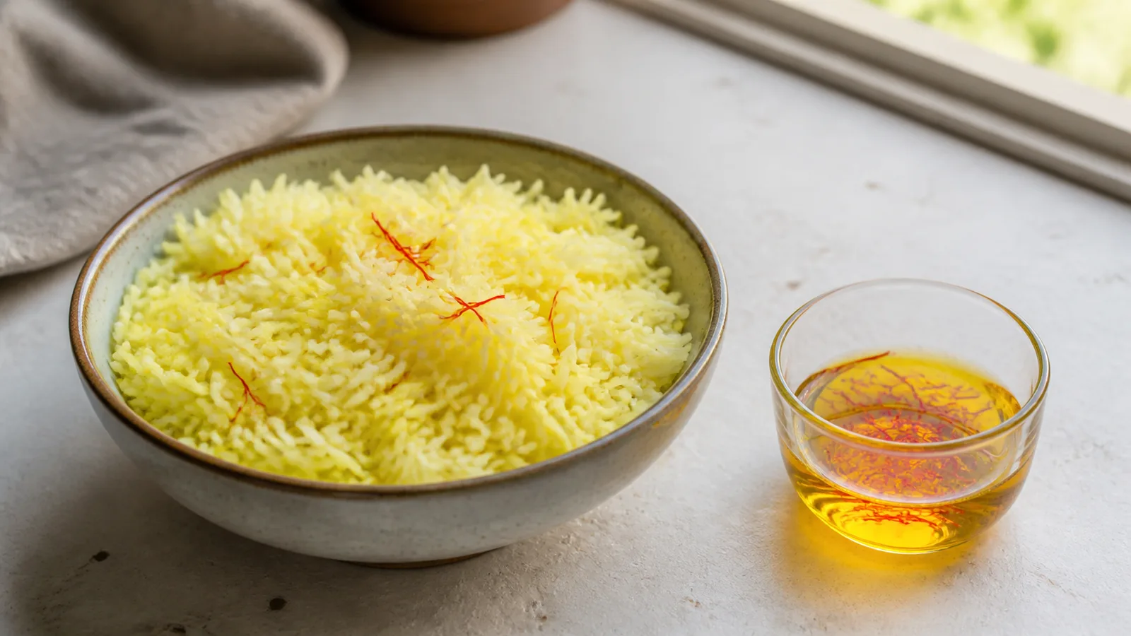 Saffron threads in rice and blooming in warm water