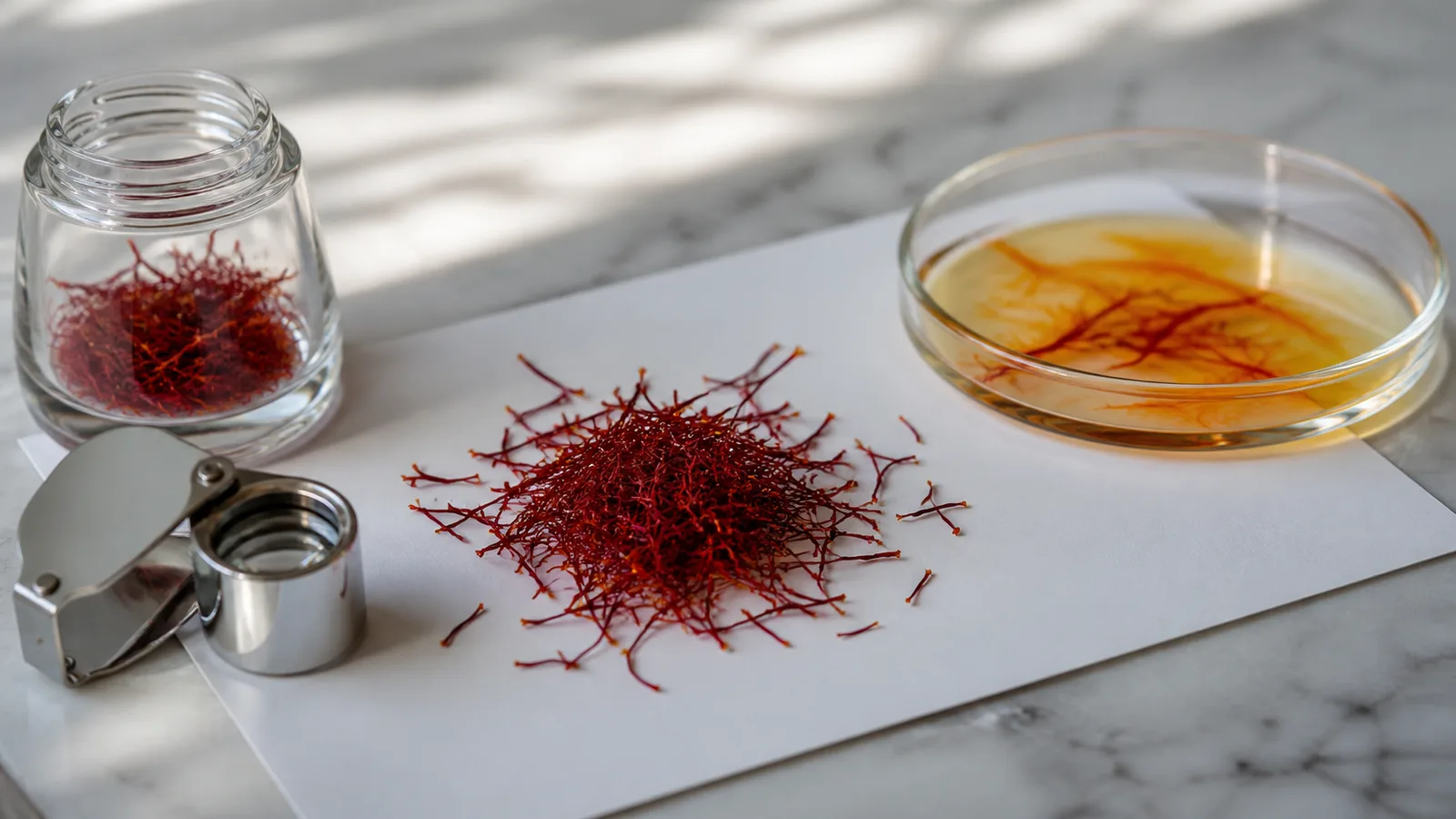 High-quality saffron threads inspected beside a loupe and water test