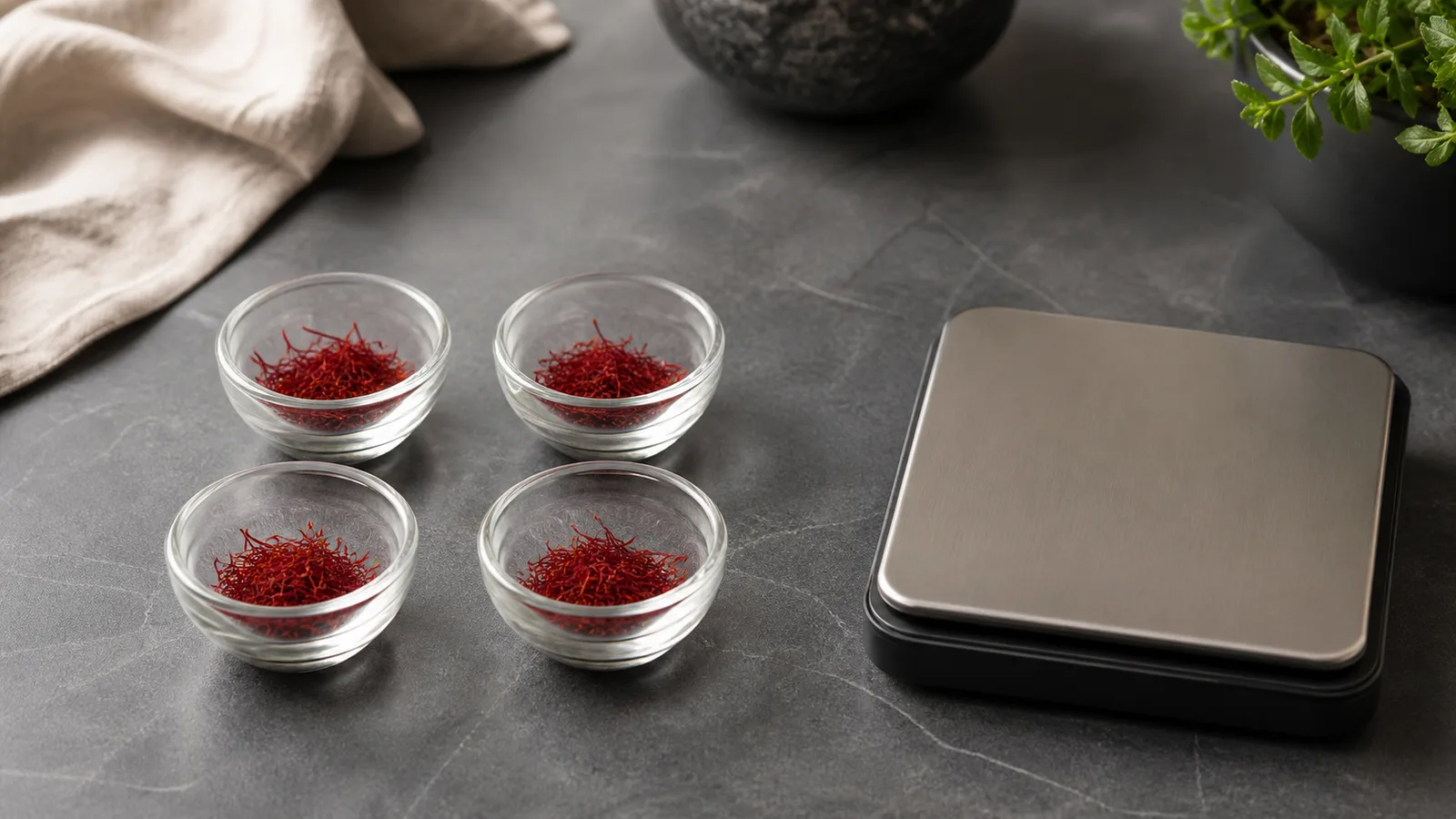 Four portions of saffron beside a digital kitchen scale