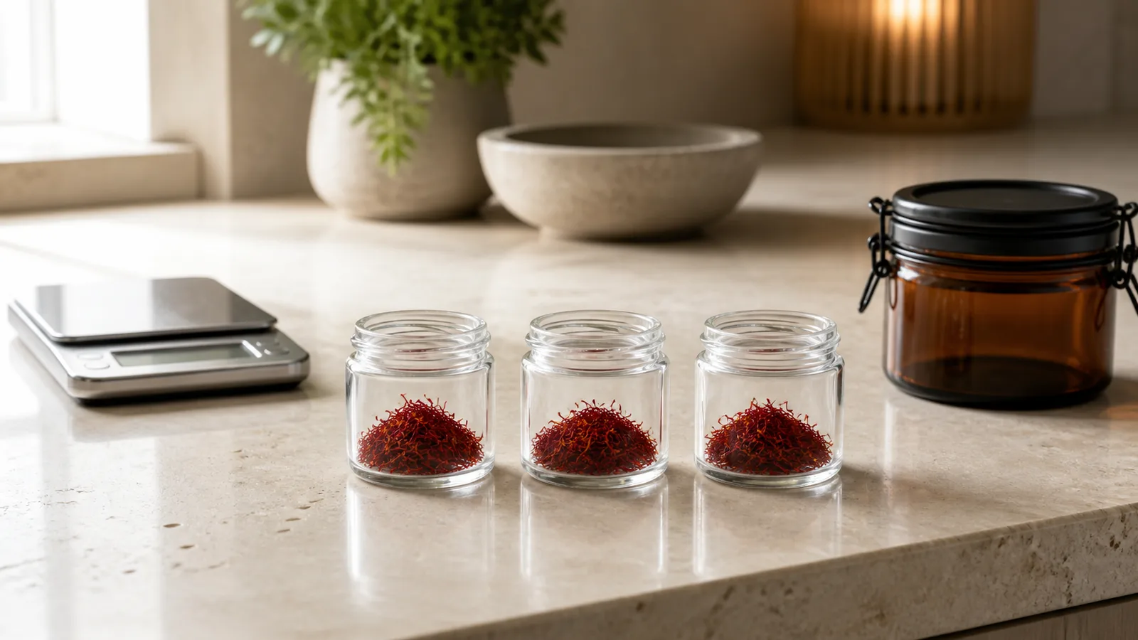 Three portions of saffron beside a precision scale