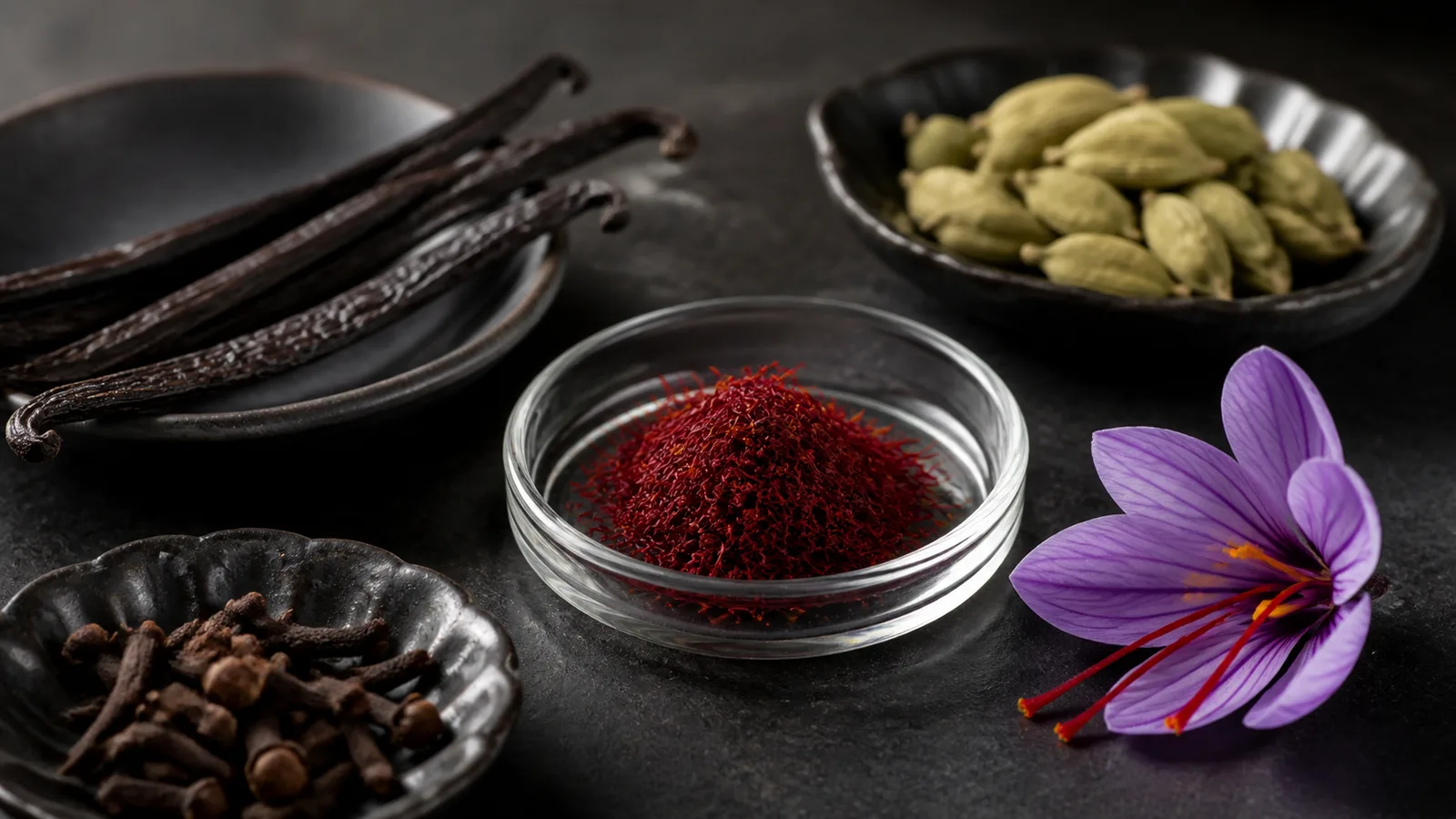 Saffron threads with vanilla cardamom cloves and a saffron flower