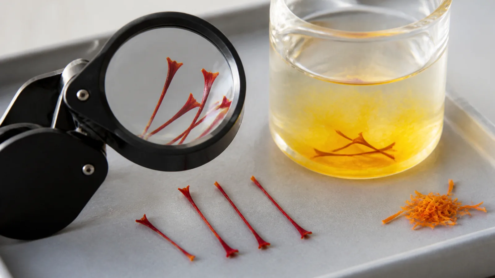 Real saffron threads under a loupe beside a golden water test