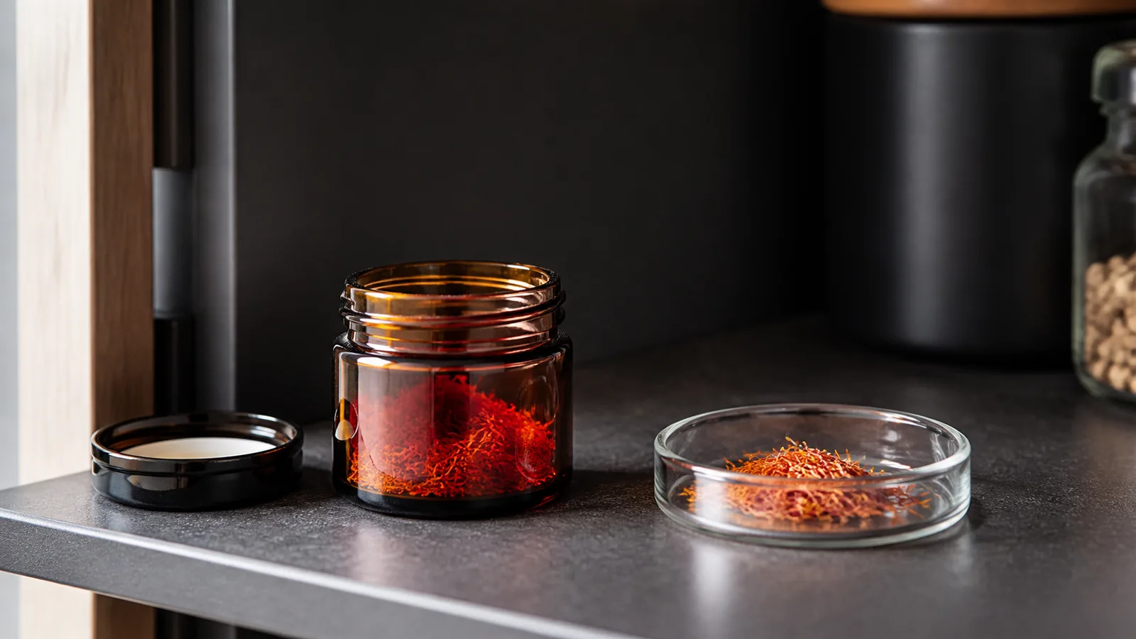 Fresh saffron stored in an amber jar beside faded threads