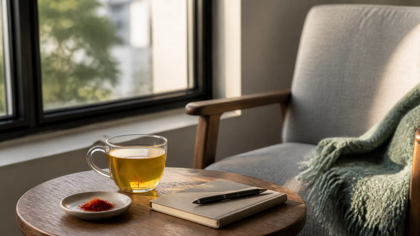 Saffron tea and threads beside a notebook in a calm reading space