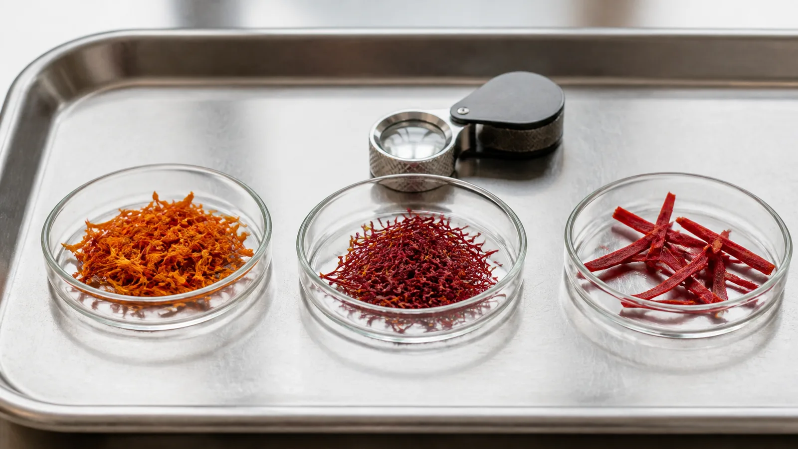 Real saffron compared with safflower and dyed plant fibres
