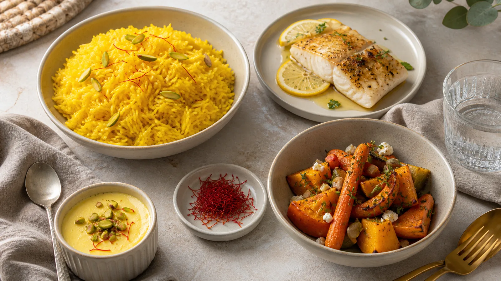 Saffron paired with rice fish vegetables and custard