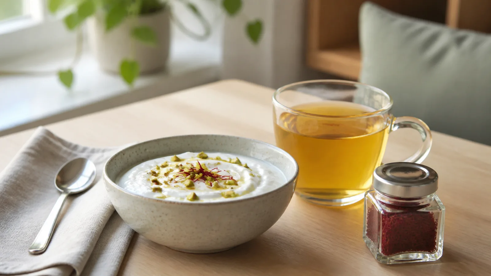 Saffron tea and yogurt with a small jar of saffron threads