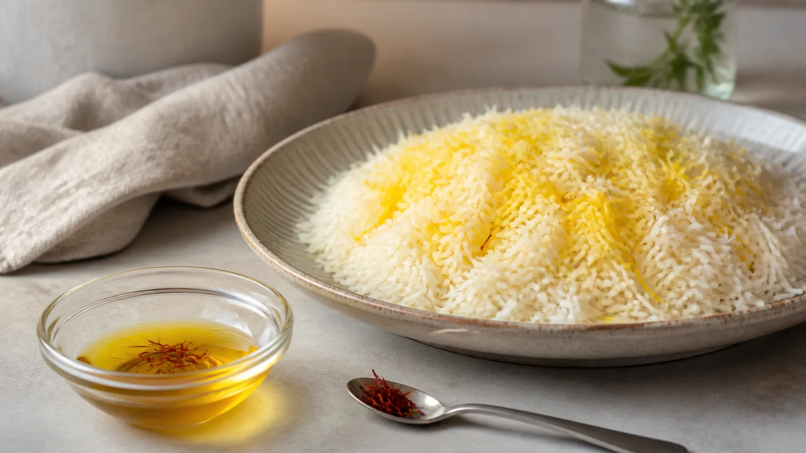 Measured saffron threads and infusion beside cooked rice