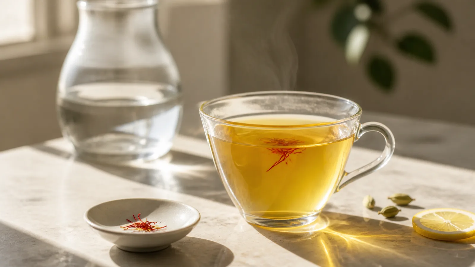 Golden saffron tea with a small measured portion of saffron threads