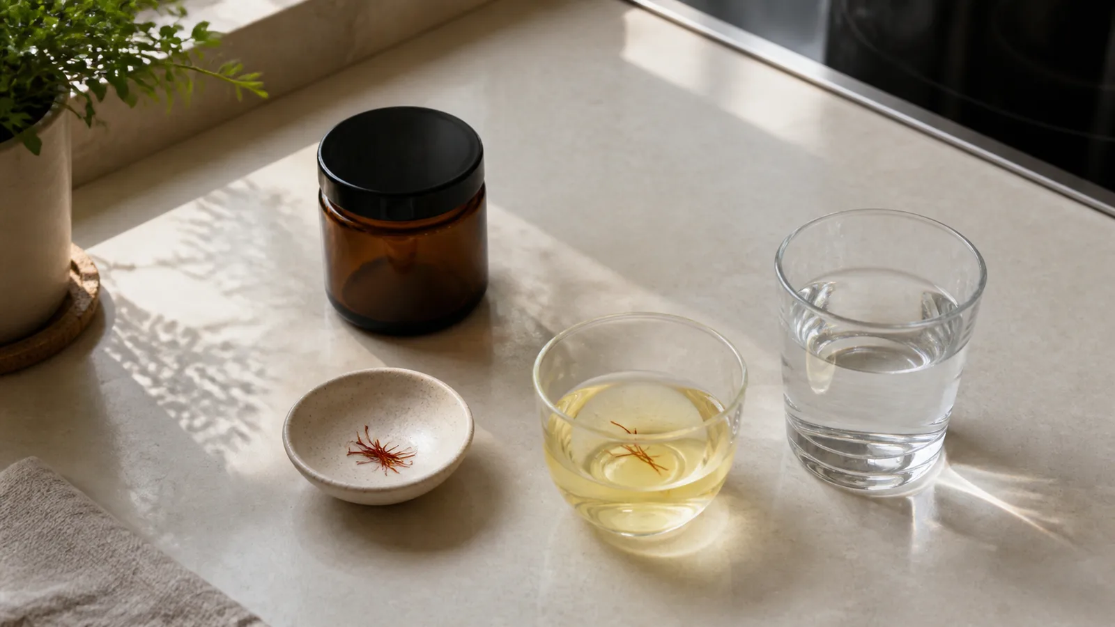 Small saffron infusion and measured threads beside a glass of water