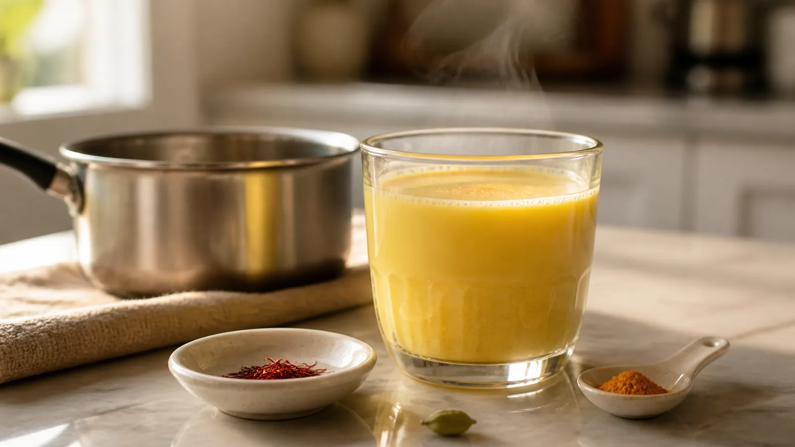 Golden milk with separate small portions of saffron and turmeric