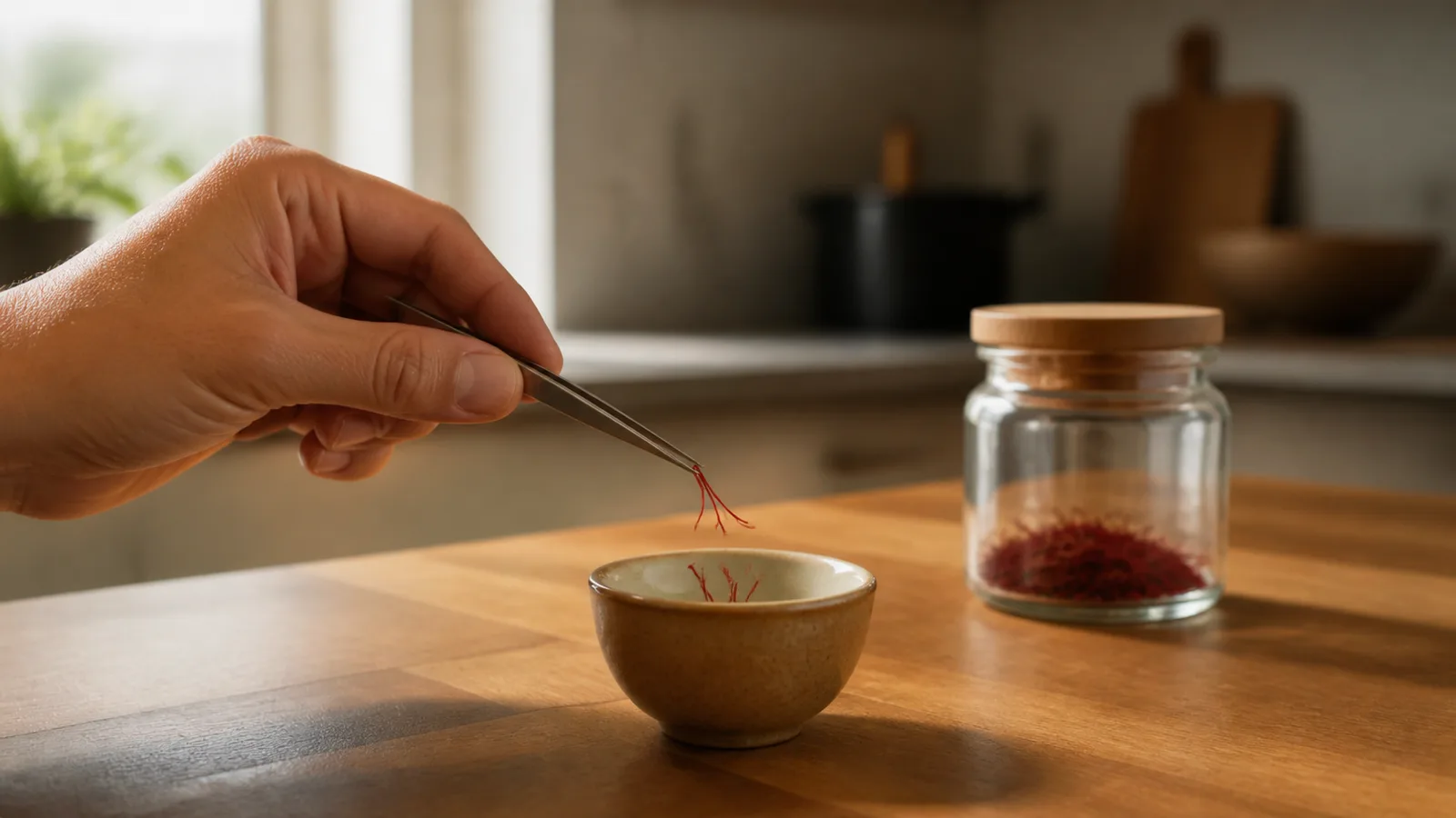 A hand measuring a few saffron threads into a small cup