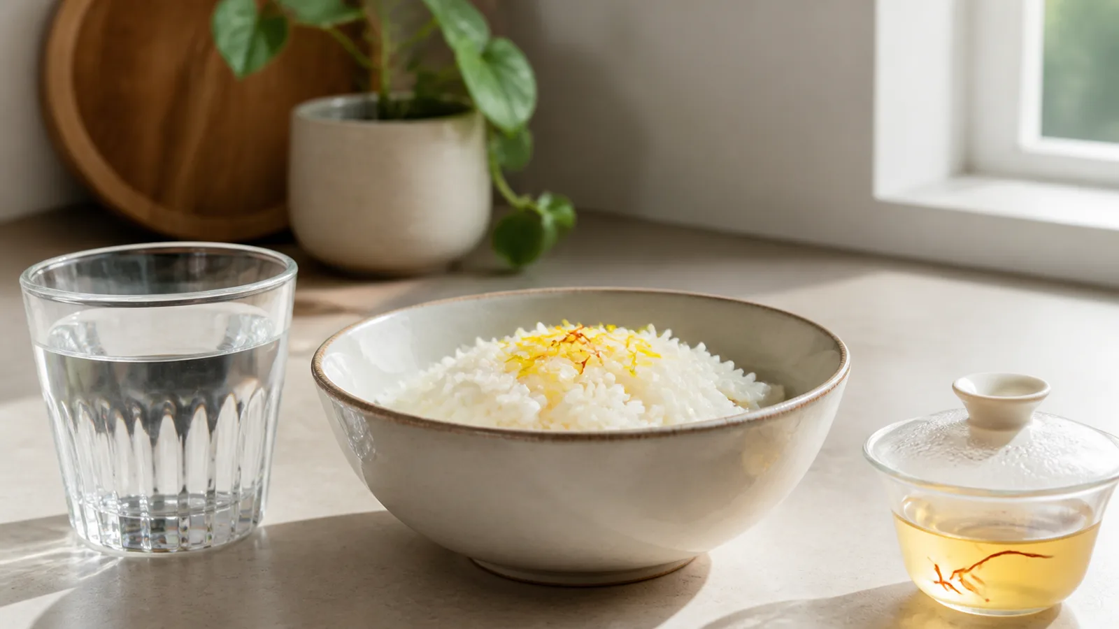 Plain saffron rice with water and a small saffron infusion