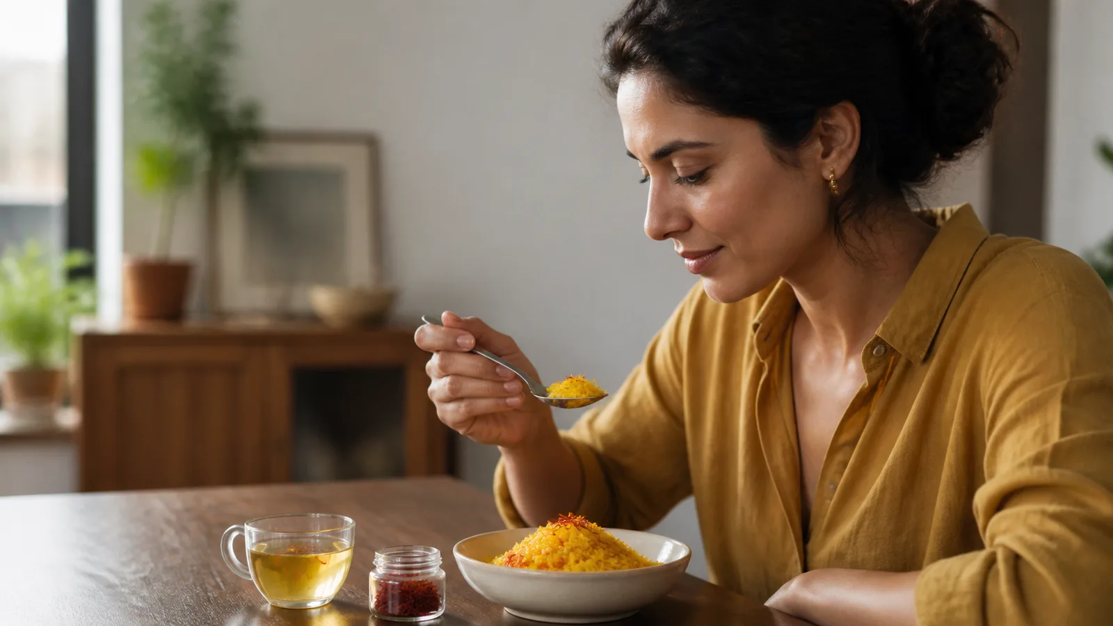 A person enjoying saffron rice and a small cup of saffron tea