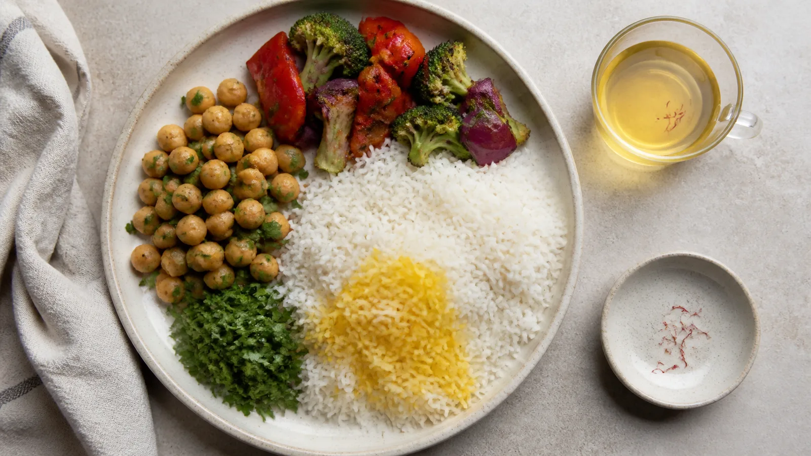 Balanced meal with saffron rice, vegetables, chickpeas, and tea