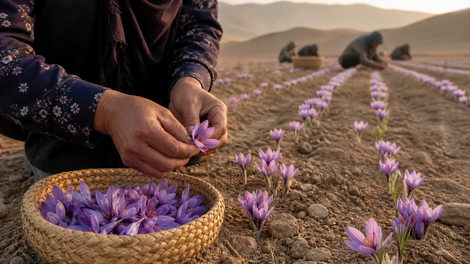 Worker hand-harvesting purple saffron crocuses in a Khorasan field