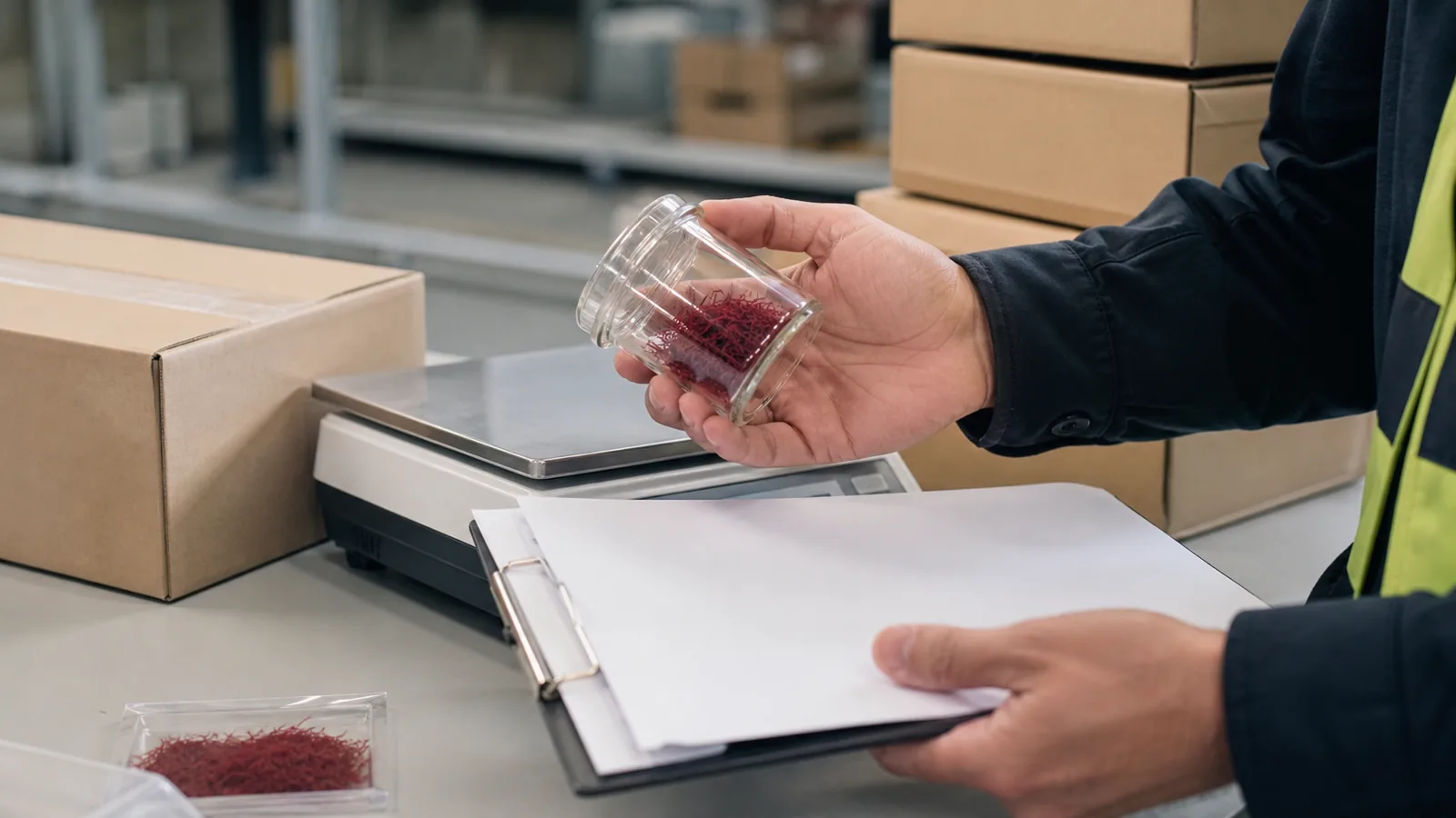 Export inspector weighing a jar of saffron beside shipping documents