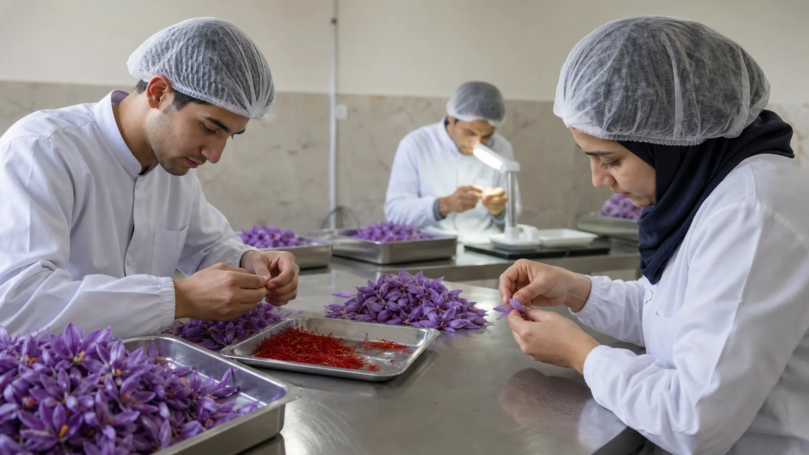 Workers separating red saffron stigmas from purple crocus flowers