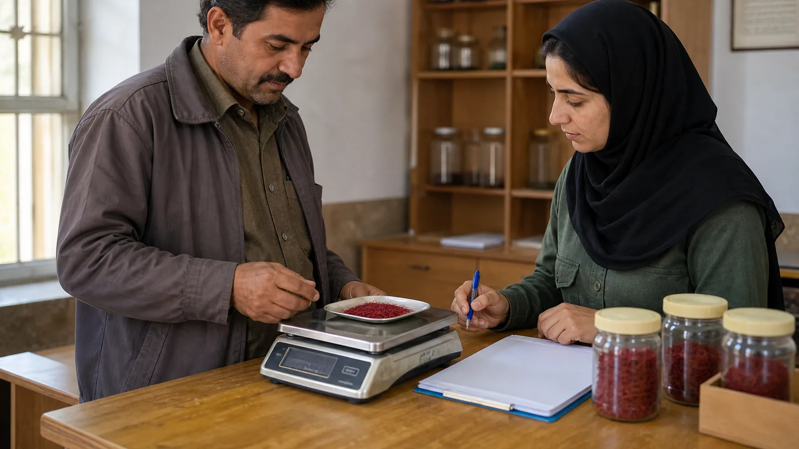 Saffron farmer and buyer weighing a sample and recording its grade