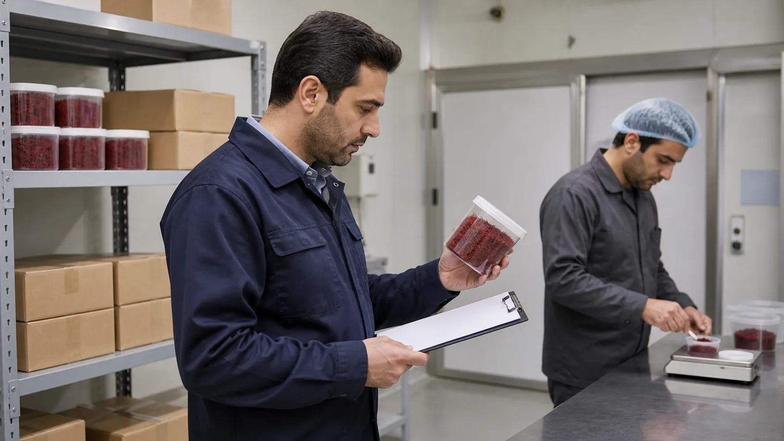 Quality manager checking a sealed saffron lot in a storage facility
