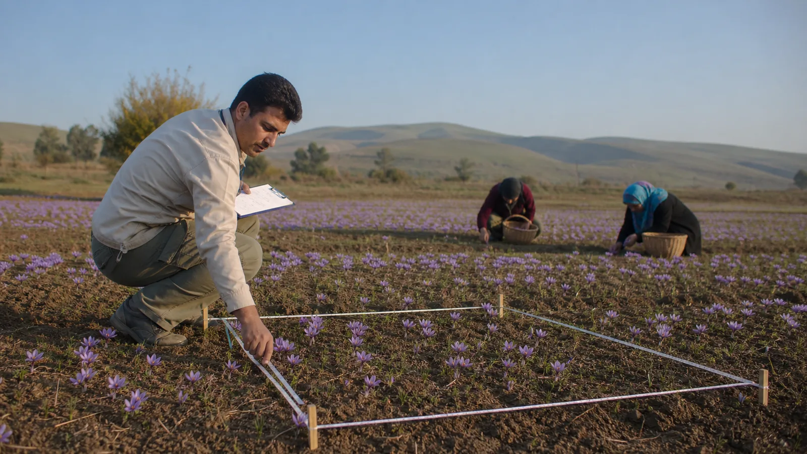 Field technician measuring saffron plants while two workers harvest flowers in Iran