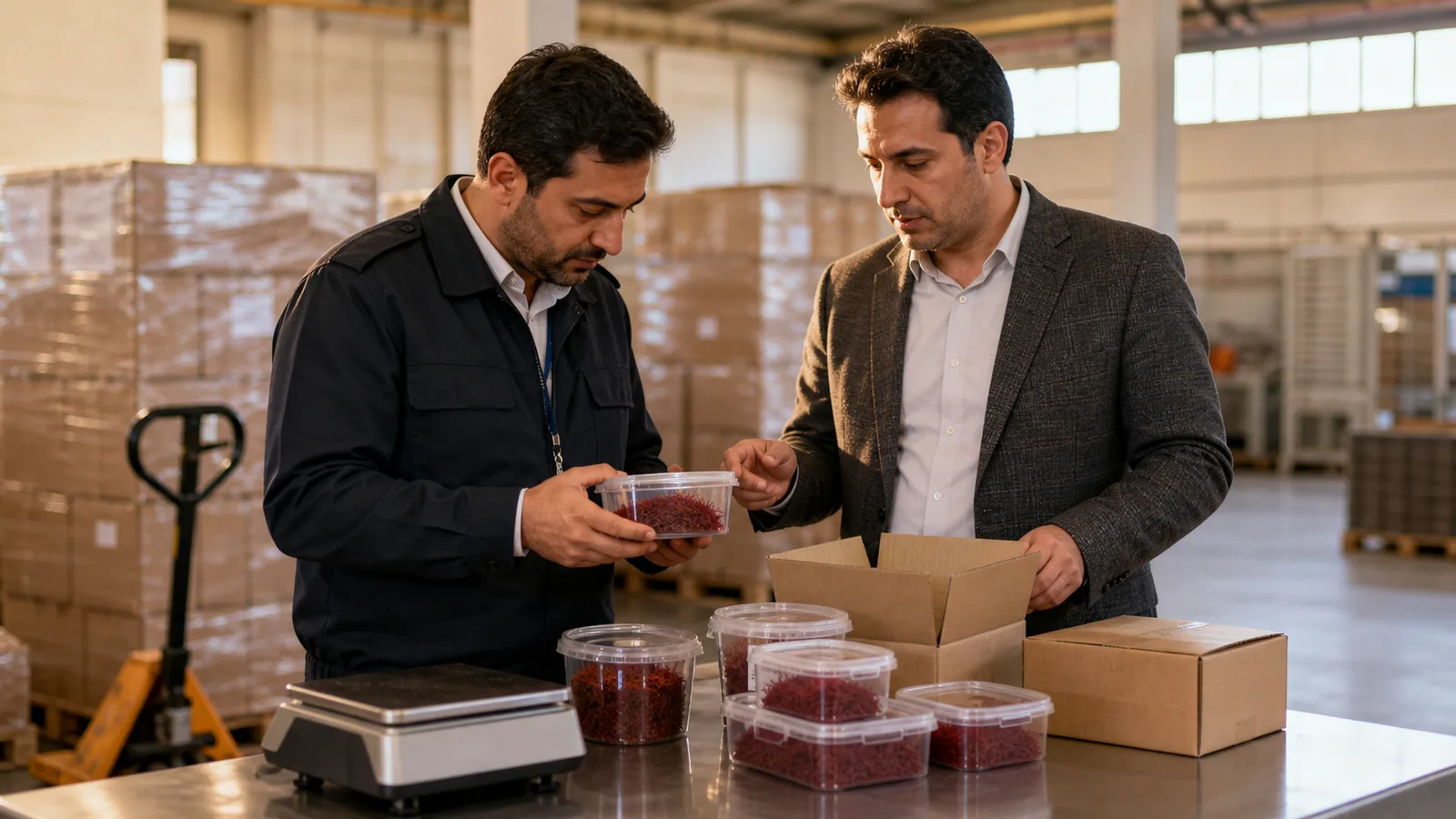 Customs inspector examining packaged saffron with an exporter in a cargo warehouse