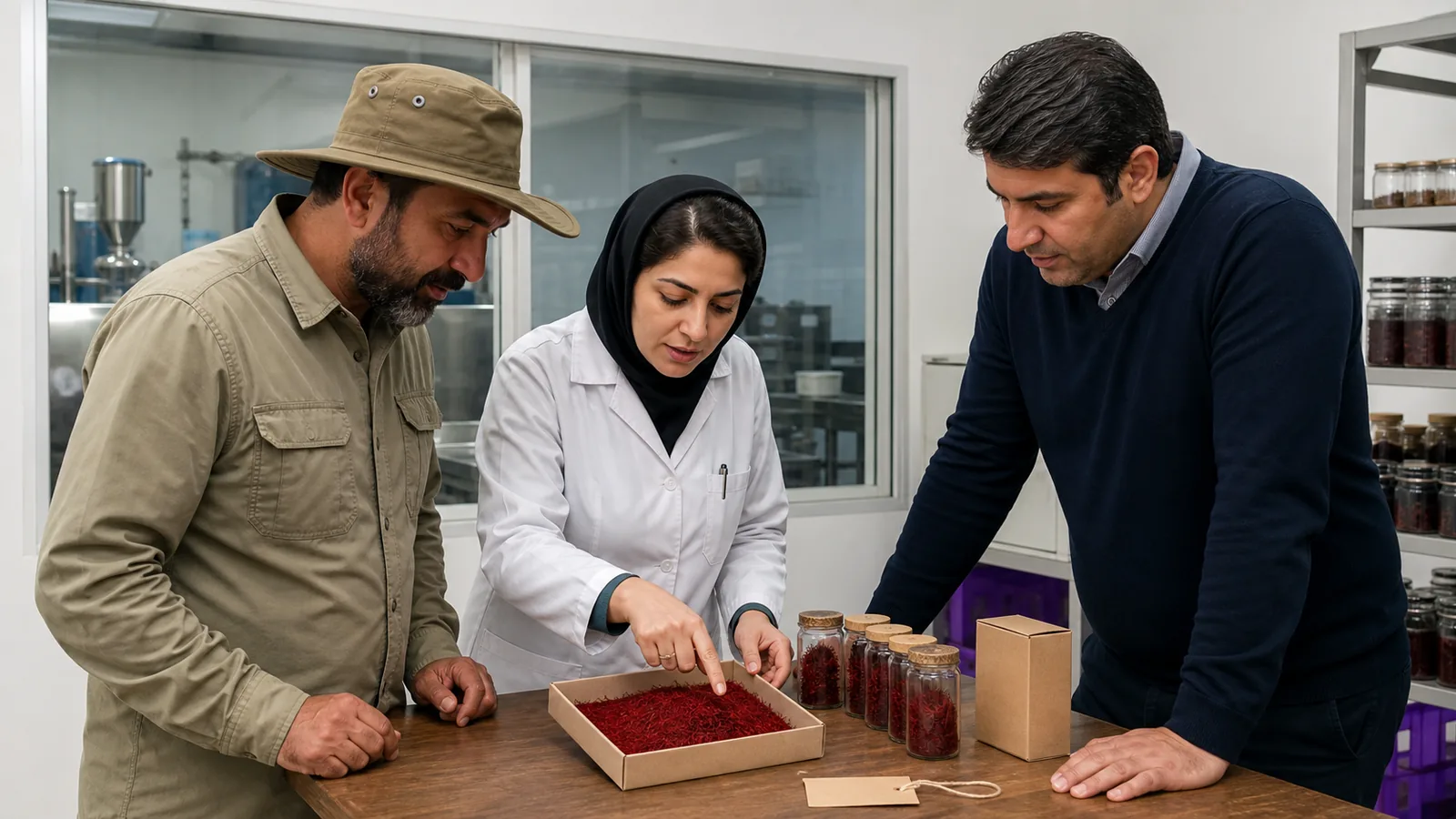 Farmer quality specialist and exporter inspecting saffron samples in a processing facility