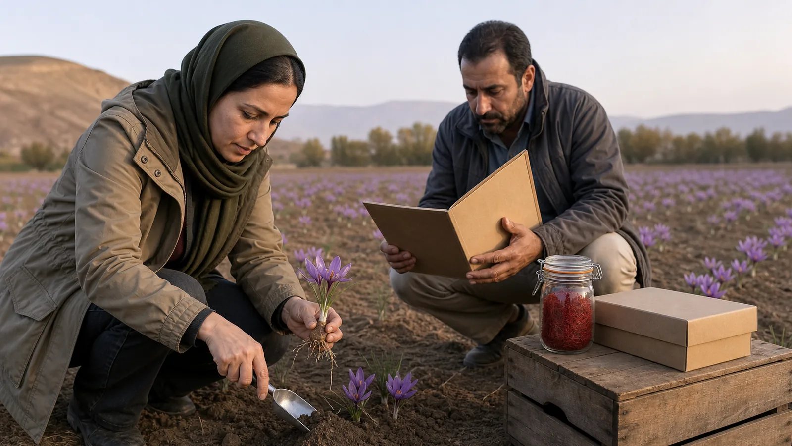 Inspector examining a saffron plant while a farmer reviews records in an Iranian field