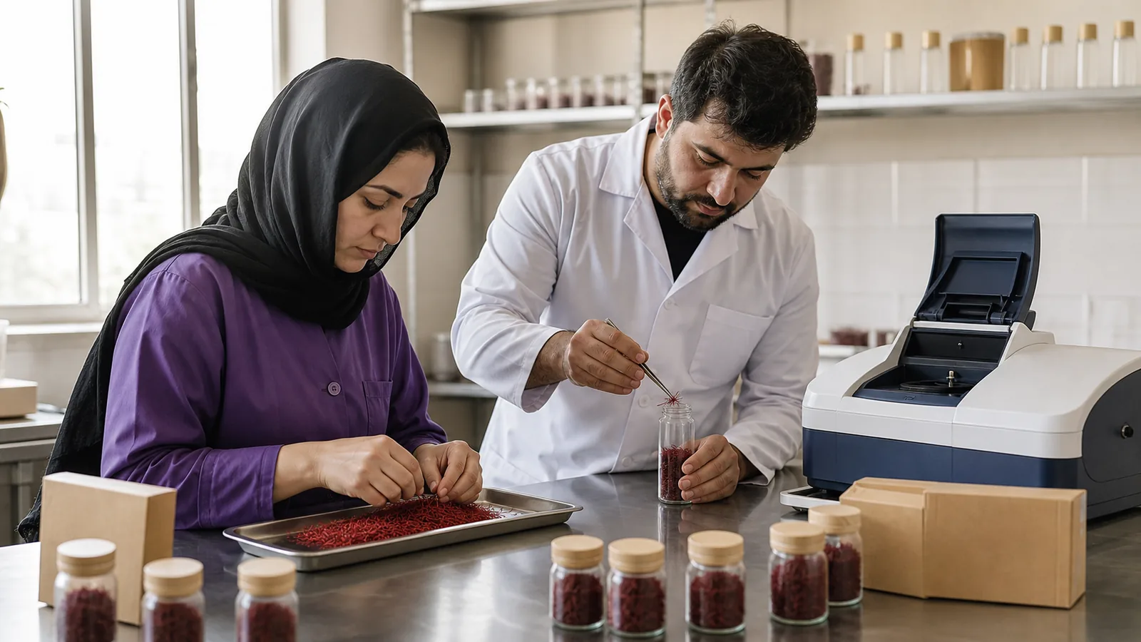 Saffron processor and laboratory technician preparing an Afghan saffron sample for testing
