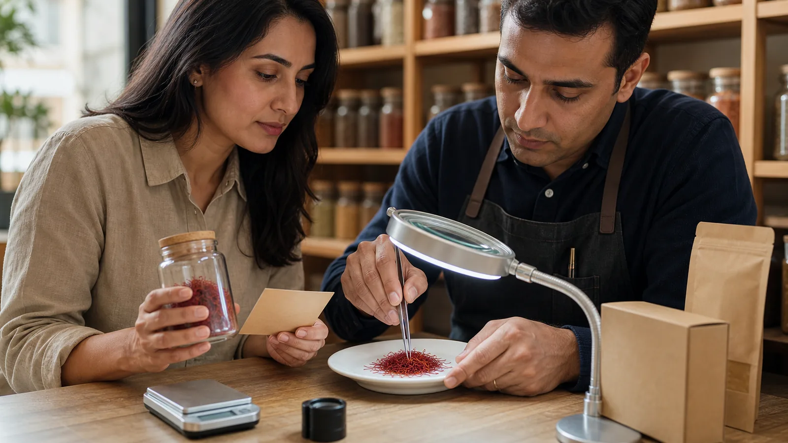 Buyer and quality specialist inspecting whole saffron threads under a magnifying lamp