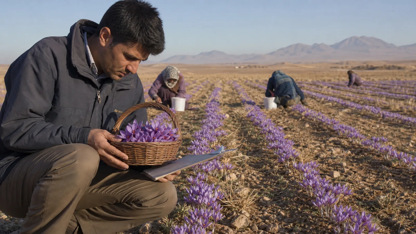 Agronomist recording harvest data in a saffron field