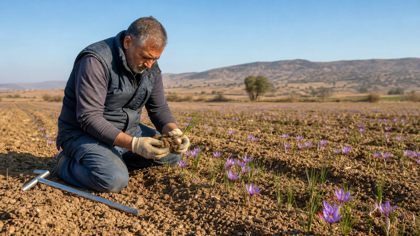 Grower checking saffron corms and soil in a sunny field