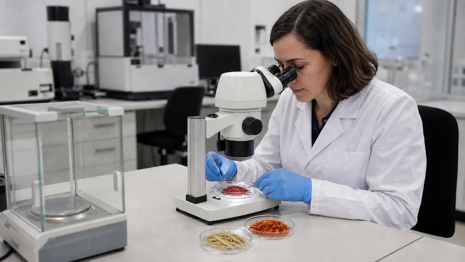 Quality analyst examining saffron threads under a microscope