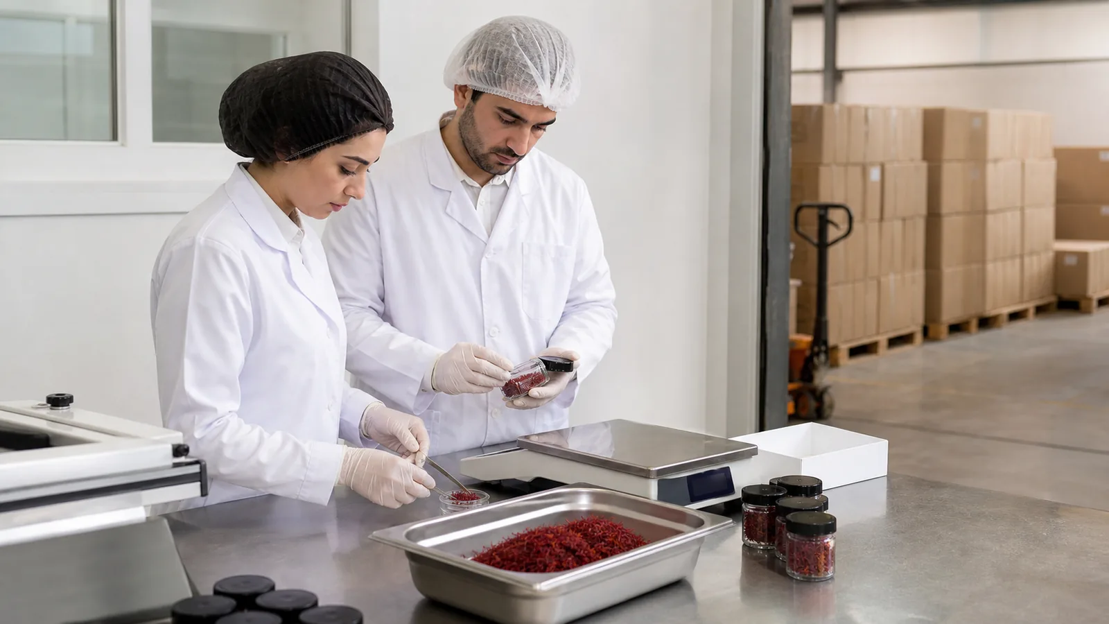 Quality staff preparing saffron containers for export
