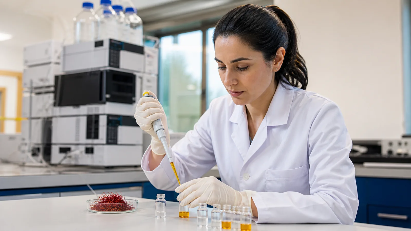 Analyst preparing Iranian saffron extract for compositional analysis