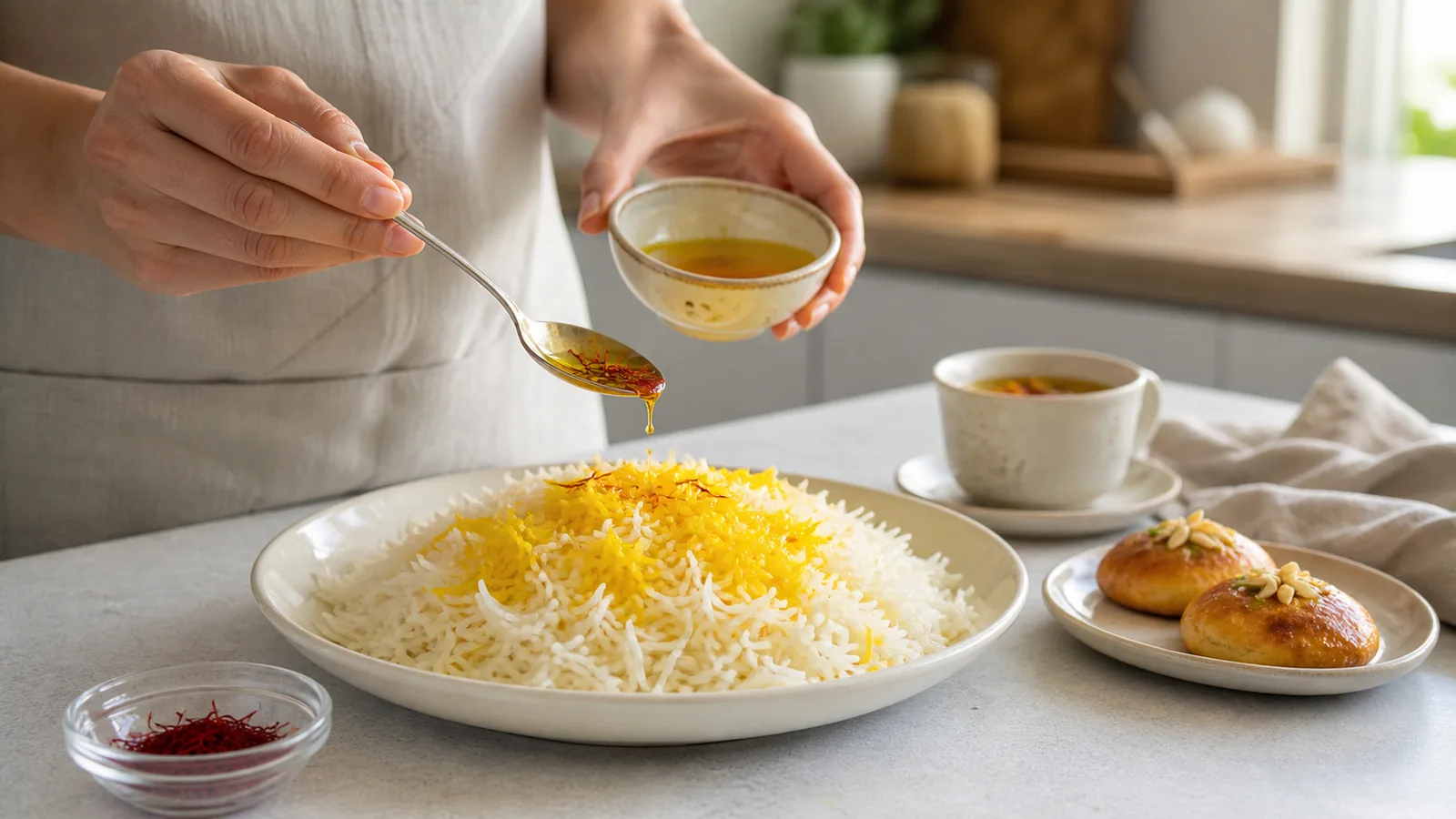 Saffron infusion added to rice beside tea and pastries