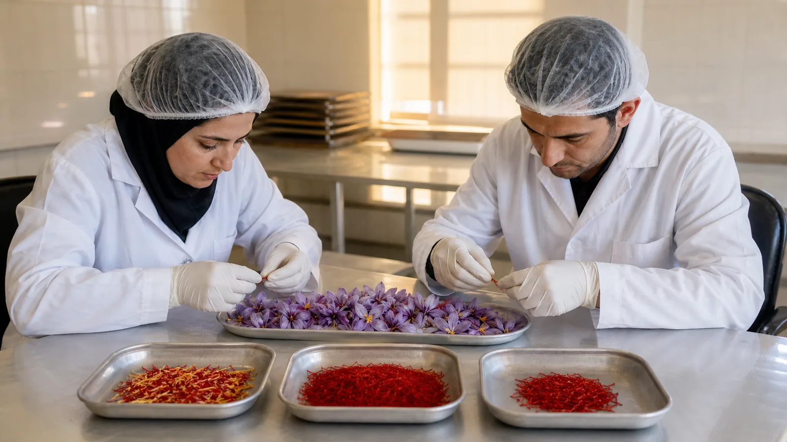 Workers separating flowers into Iranian saffron thread types