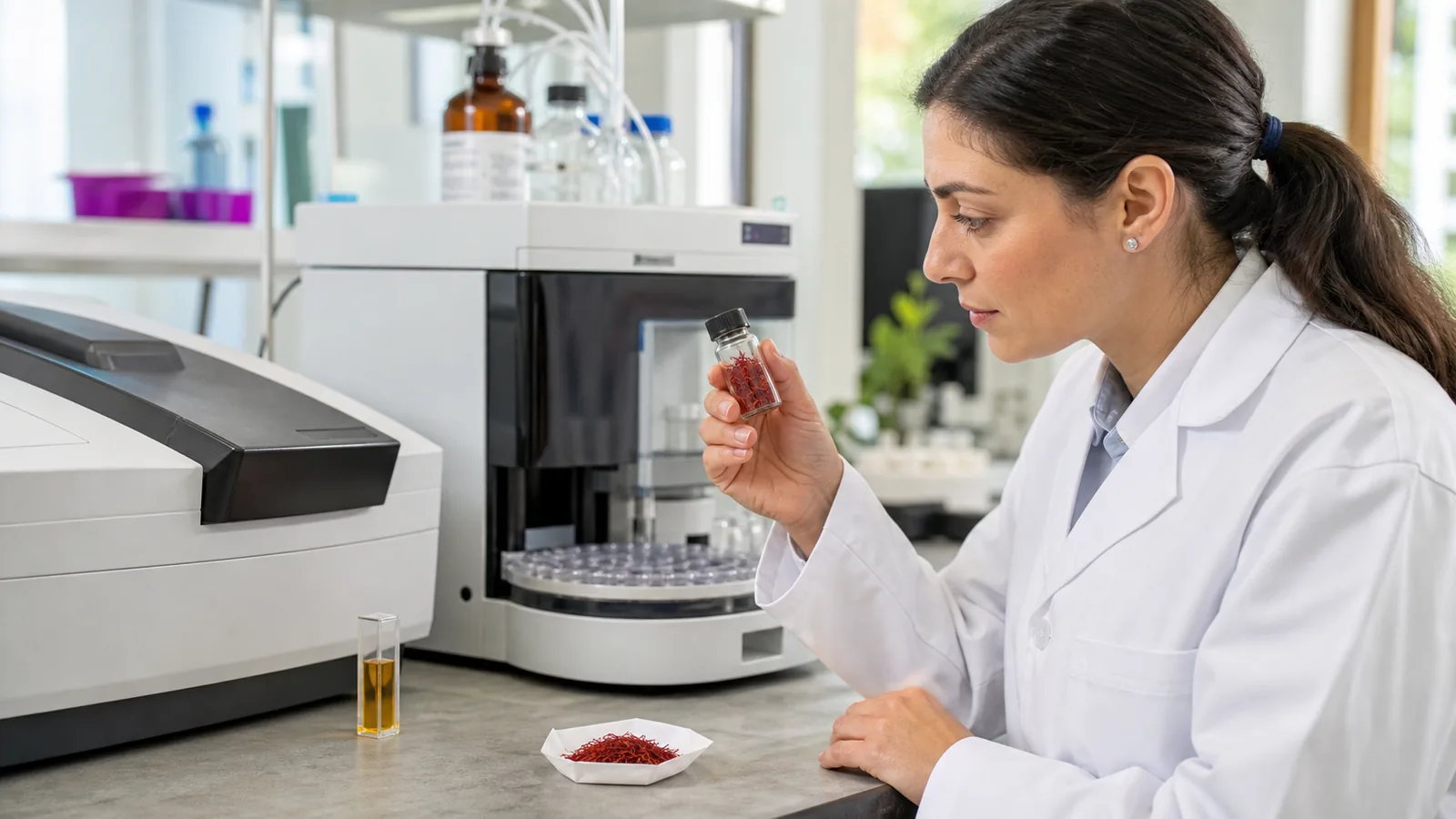 Analyst examining saffron beside laboratory testing instruments